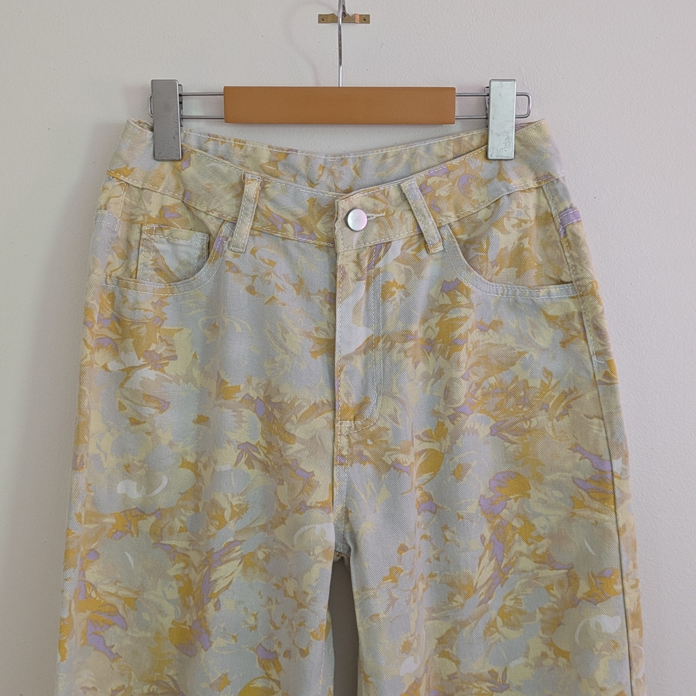 Funky Yellow Cream Patterned Women's Jeans Wideleg High Rise Tie Dye Lightwash